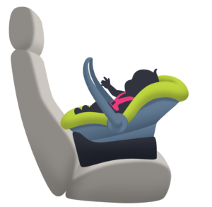 tegning av en babybilstol og en baby som sitter inni. bilstolen. 