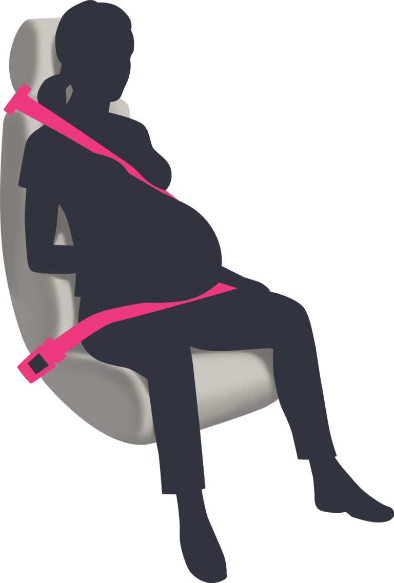 Illustrasjon av en gravid dame som sitter med bilbelte riktig plassert. Beltet skal ligge på hoften, ikke magen. Skulderbeltet skal ligge mellom brystene og på siden av magen.